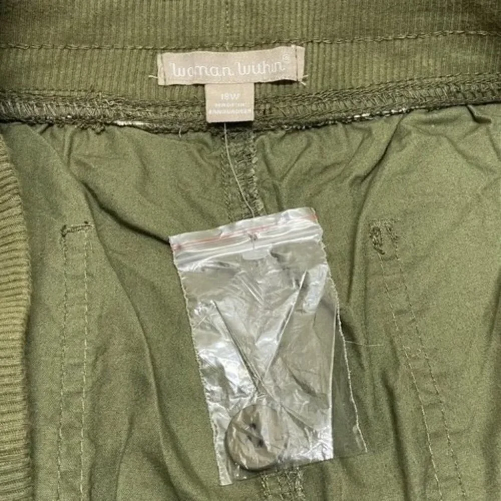 Woman Within Cargo Pants Women's 18W Olive Green Cotton Casual Roll Tab Cuff NWT